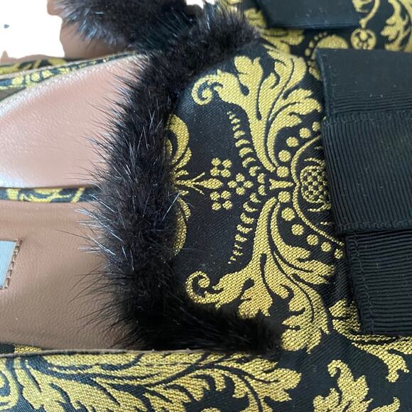 Tabitha Simmons Masha Mink-Trim Brocade Mule Black Gold 40 size 10 - Picture 5 of 9
